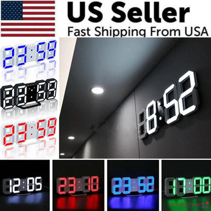 Digital 3D LED Big Wall Desk Alarm Clock Snooze 12/24 Hours Auto Brightness USB